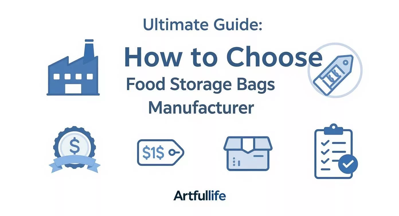 Infográfico de guia definitivo para escolher o melhor fabricante de embalagens de armazenamento de alimentos com critérios-chave de seleção e marca Artfullife